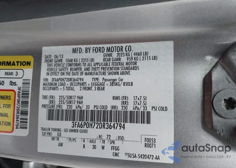 2013 Ford Fusion Se from USA, damaged, VIN 3FA6P0H72DR364794